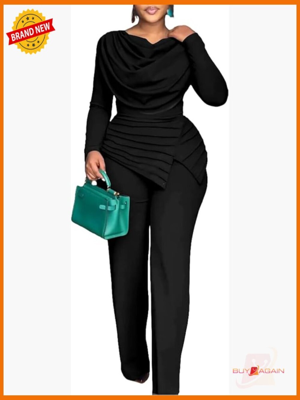 Women's Long Sleeve Jumpsuit Dressy Cowl Neck Asymmetrical Hem Back Zipper One